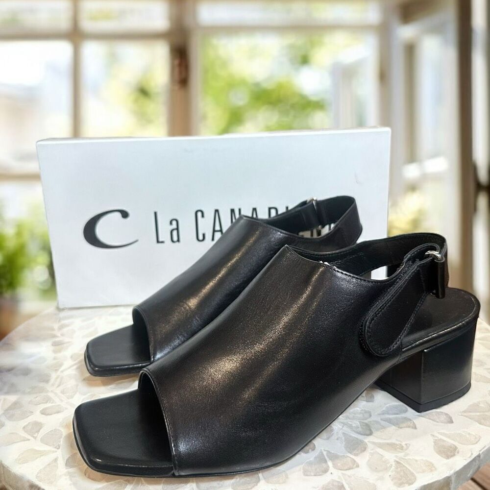 La Canadienne $475 Ricco Leather Slingback Block Heel Sandals Women's